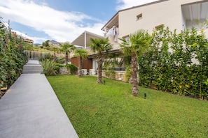 A residential property with a paved pathway, well-maintained lawn, and various plants.