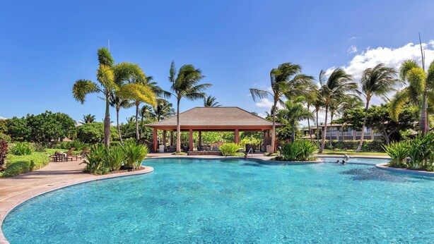 A clear blue pool with a gazebo in the center, surrounded by palm trees and greenery.