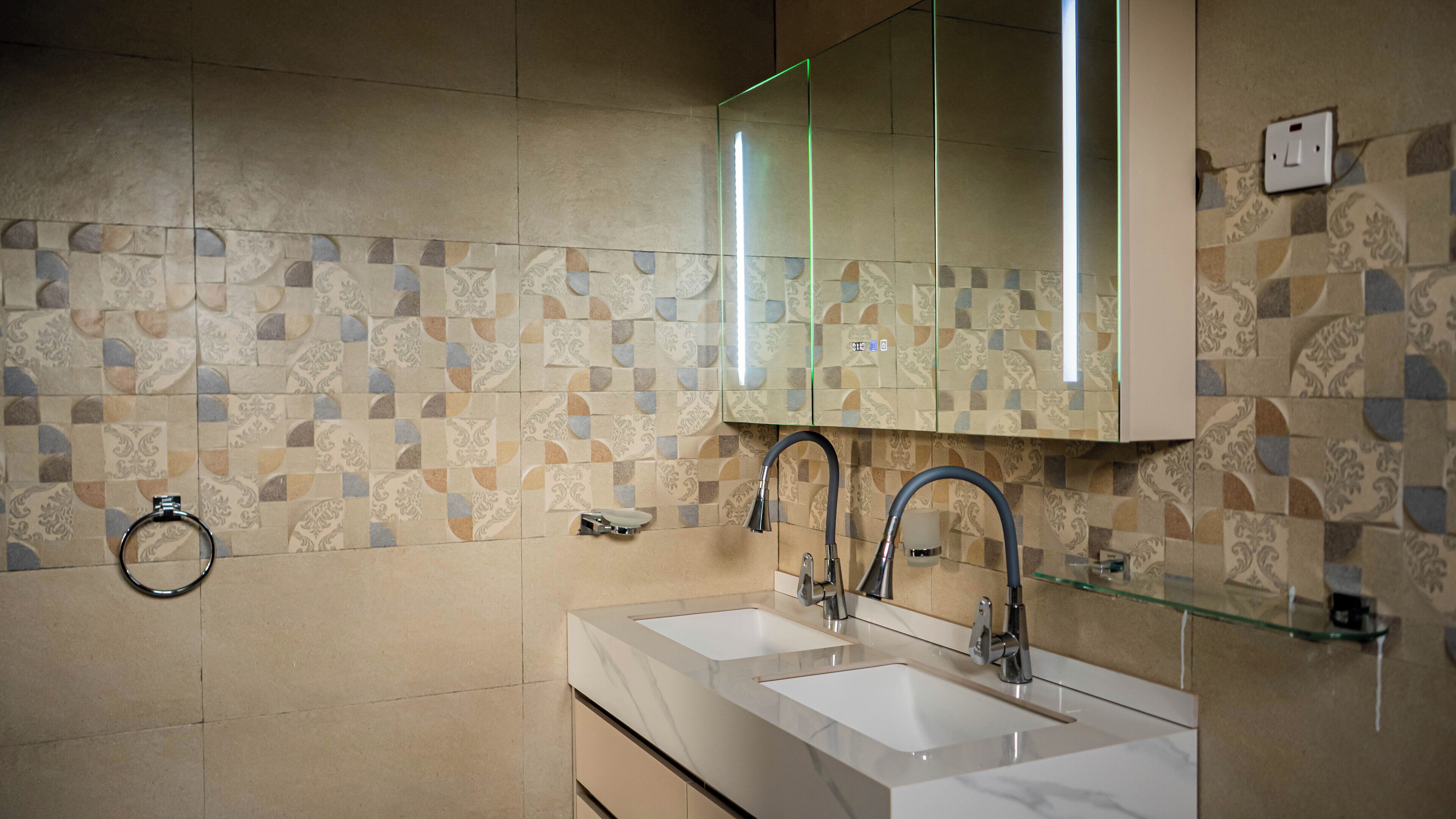 Shower, towels, soap, toilet paper