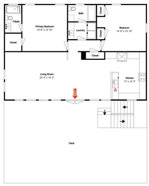 A floor plan with a living room, primary bedroom, bathroom, kitchen, and deck.