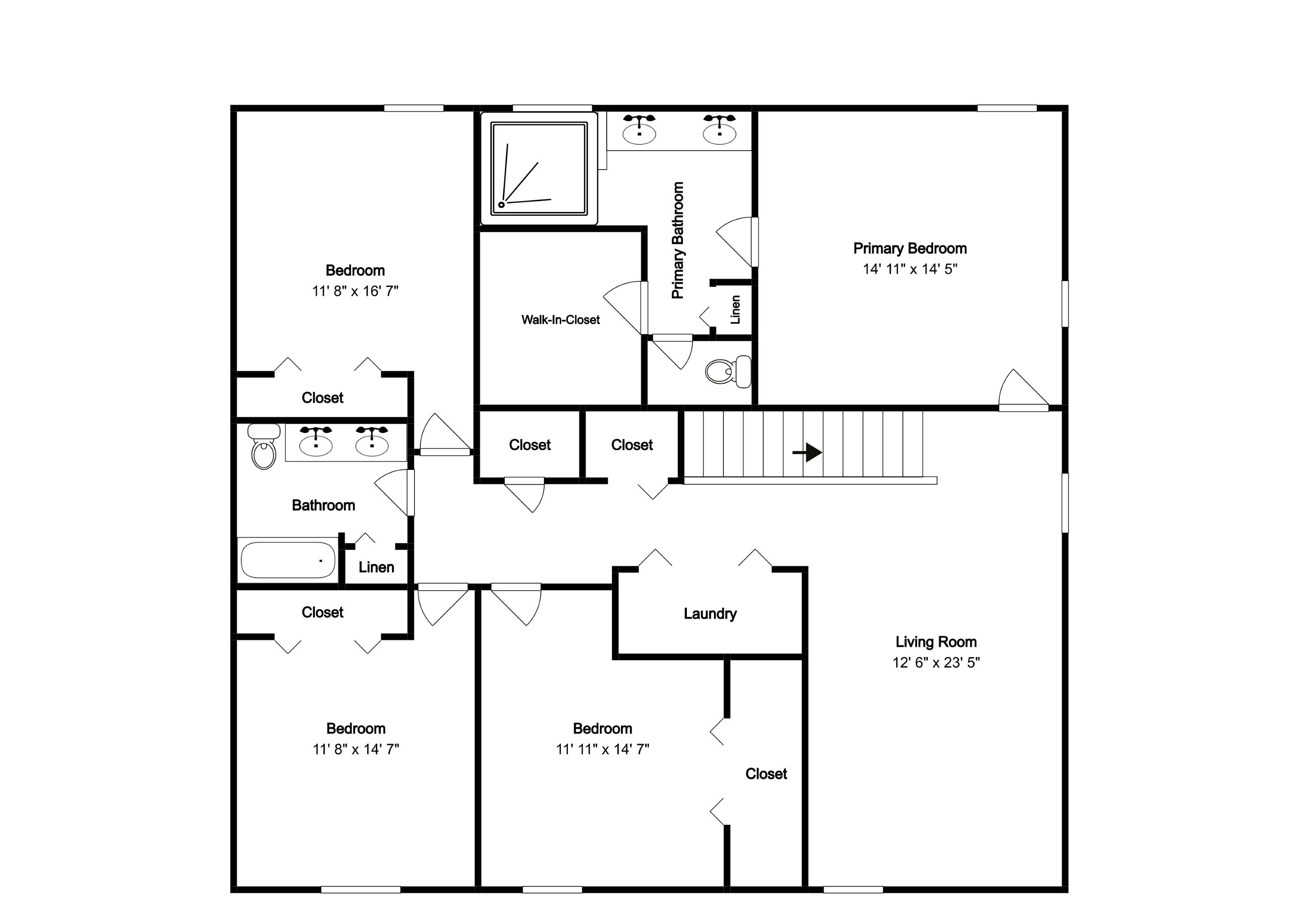 Plano de planta que muestra tres dormitorios, dos baños, lavandería, sala de estar y habitación principal.