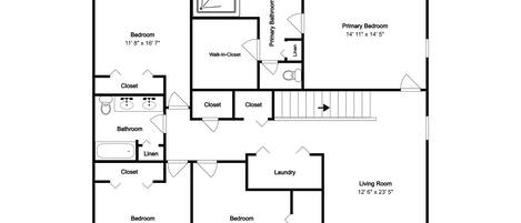 Plano de planta que muestra tres dormitorios, dos baños, lavandería, sala de estar y habitación principal.