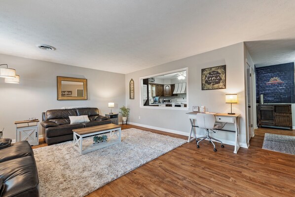 Smart TV, fireplace, books