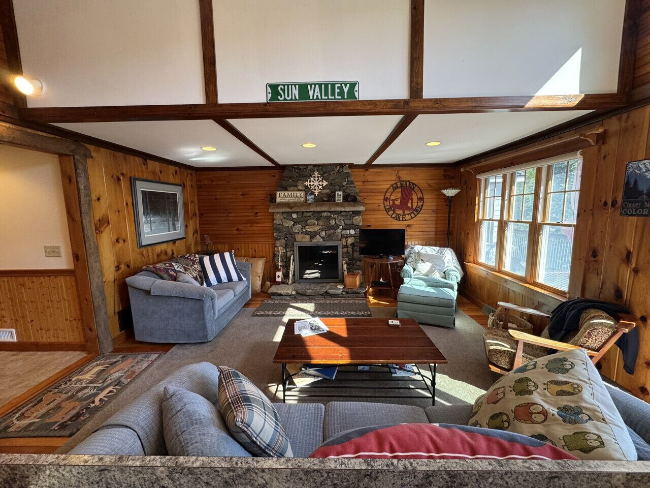 Smart TV, fireplace, DVD player, books