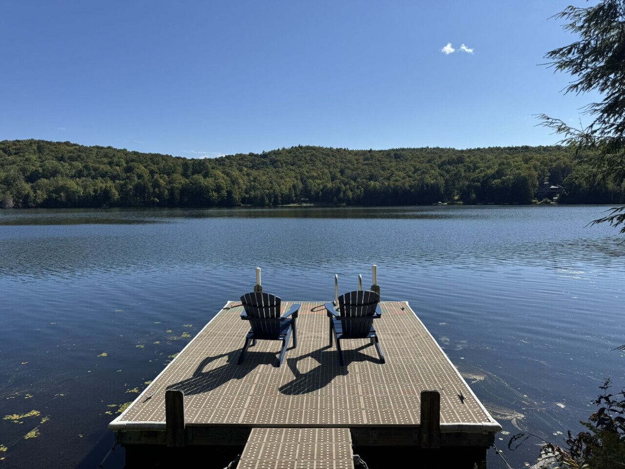 A wooden dock with two chairs facing a calm lake, surrounded by dense forest.