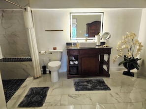 Shower, hair dryer, towels, soap