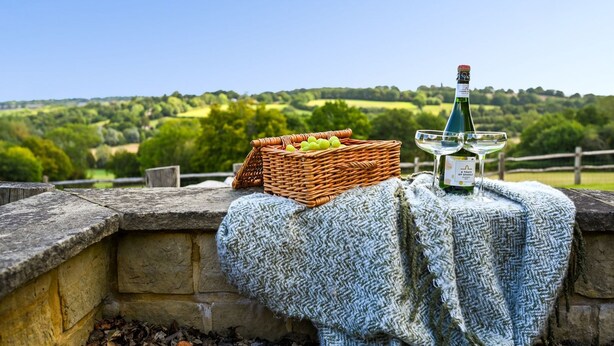 Una pared de piedra con una cesta de mimbre llena de manzanas verdes y una botella de vino sobre un mantel.