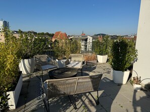 Une terrasse sur le toit, aménagée avec des meubles en osier, des plantes en pot et offrant une vue dégagée sur le paysage urbain.