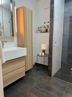 Douche, séchoir à cheveux, serviettes fournies