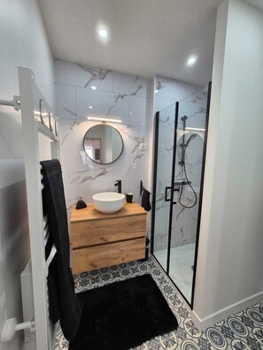 Douche, sèche-cheveux, serviettes fournies, papier toilette