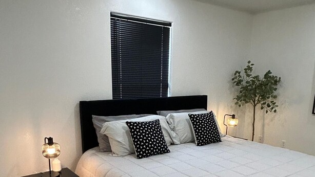 A bedroom with a bed, a nightstand, a lamp, a window with blinds, and a wall-mounted plant.