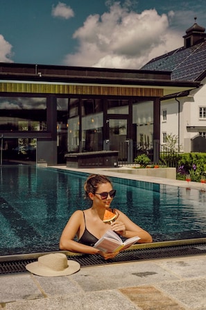 Indoor pool, outdoor pool, open 7:00 AM to 10:00 PM, pool umbrellas