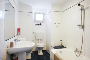 Hair dryer, bidet, towels, soap