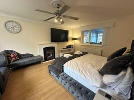 A bedroom with a bed, a sofa, a fireplace, a TV, and a ceiling fan.