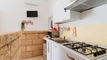 Fridge, microwave, stovetop, cookware/dishes/utensils