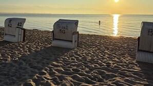 Uma praia com três cadeiras de vime identificadas com os números 42, 50 e 52.