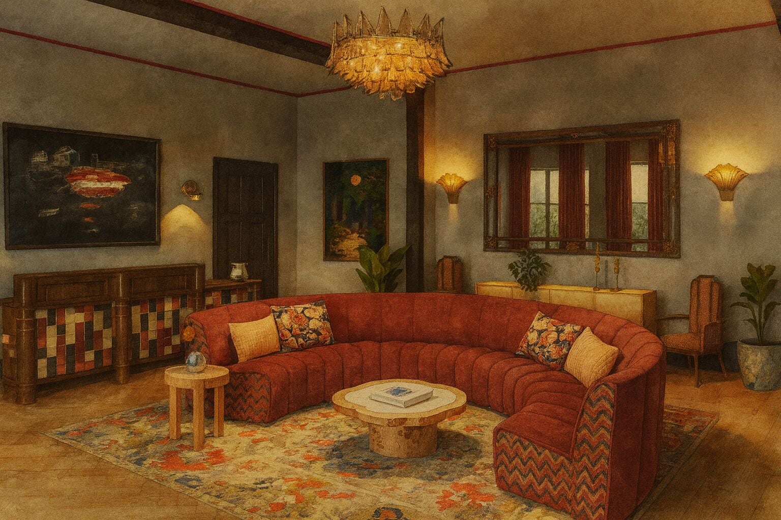 Uma sala de estar aconchegante com um sofá vermelho curvo, uma mesa de centro redonda e um tapete estampado. Há um quadro grande na parede, um candelabro e uma janela com cortinas.