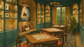 A room with a chessboard on a table, a sofa, and a large painting on the wall. - Hotel Daphne (Houston)