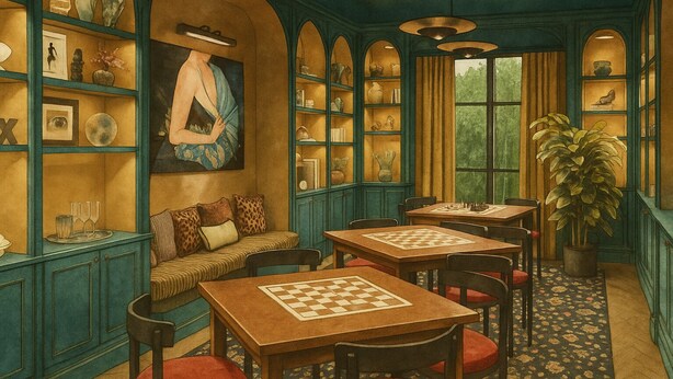 A room with a chessboard on a table, a sofa, and a large painting on the wall. - Hotel Daphne (Houston)