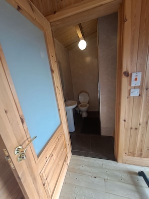 A wooden-framed bathroom with a toilet, sink, and a light fixture. - Cute cosy and chilled cabin in lahinch (Lahinch)