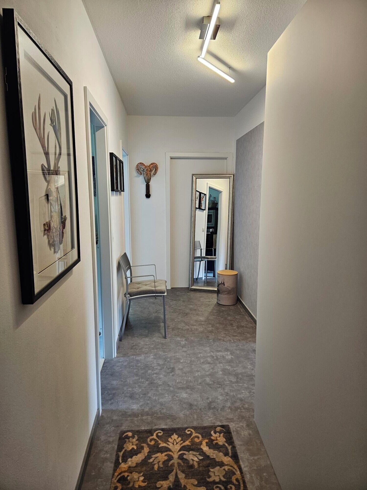 Un couloir avec une chaise, une paire de bois de cerf encadrés et un miroir.