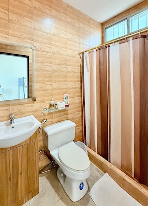 Hair dryer, towels, soap, shampoo