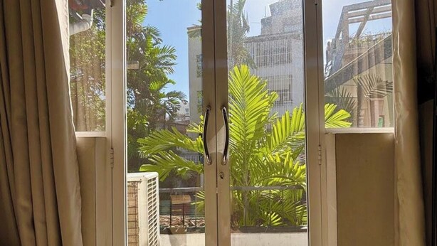 Blick durch eine Glasschiebetür mit Metallgriff auf einen Balkon mit Grünpflanzen und ein Gebäude im Hintergrund.