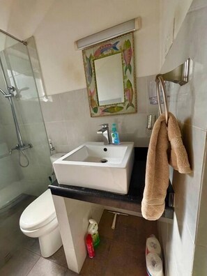 A bathroom with a white sink, a toilet, a glass shower enclosure, and a towel rack. - 1-bedroom cozy apartment in the heart of Colombo (Colombo)