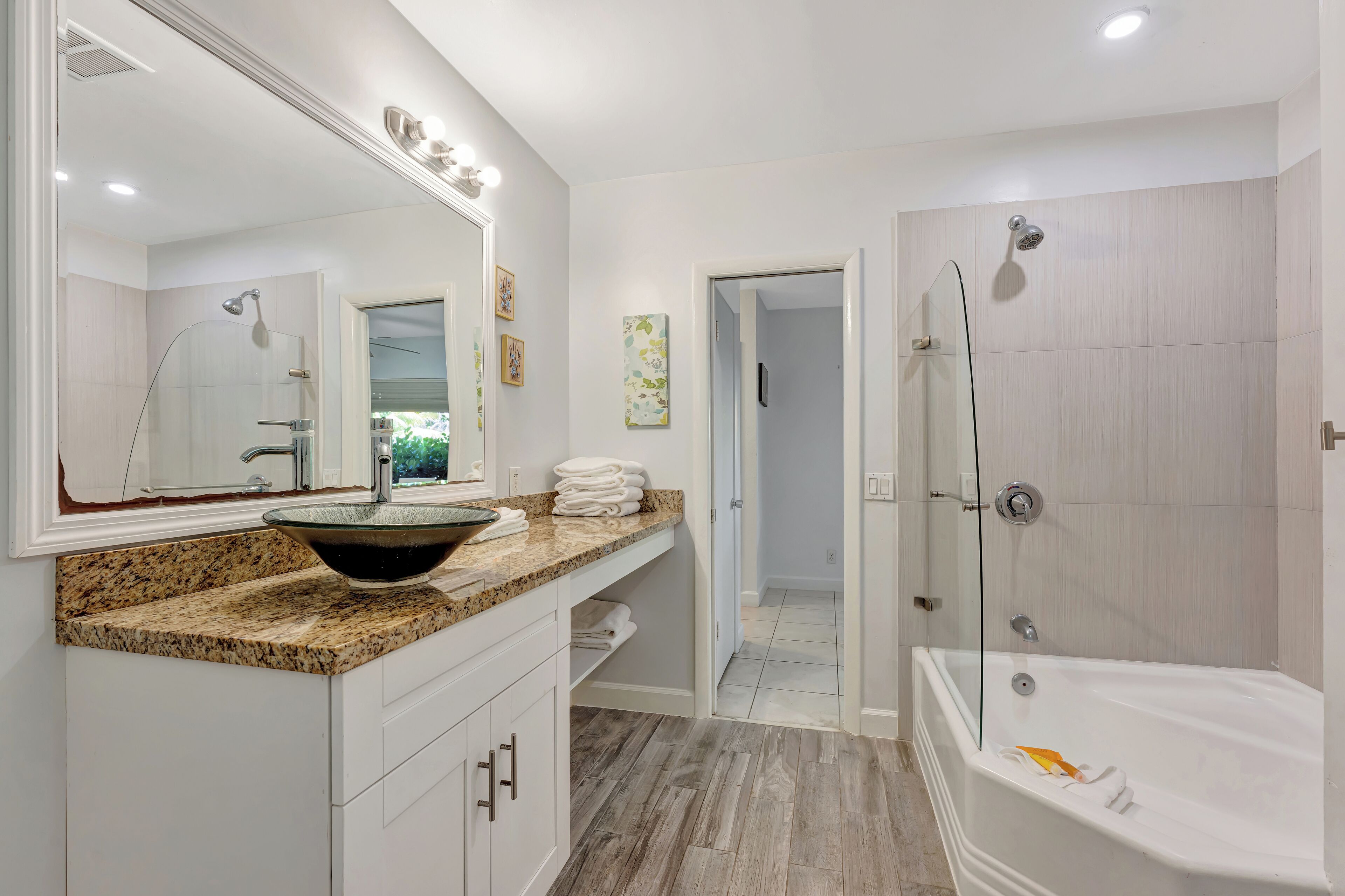 Hair dryer, towels, soap, toilet paper