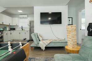 Smart TV, table football, ping pong, books