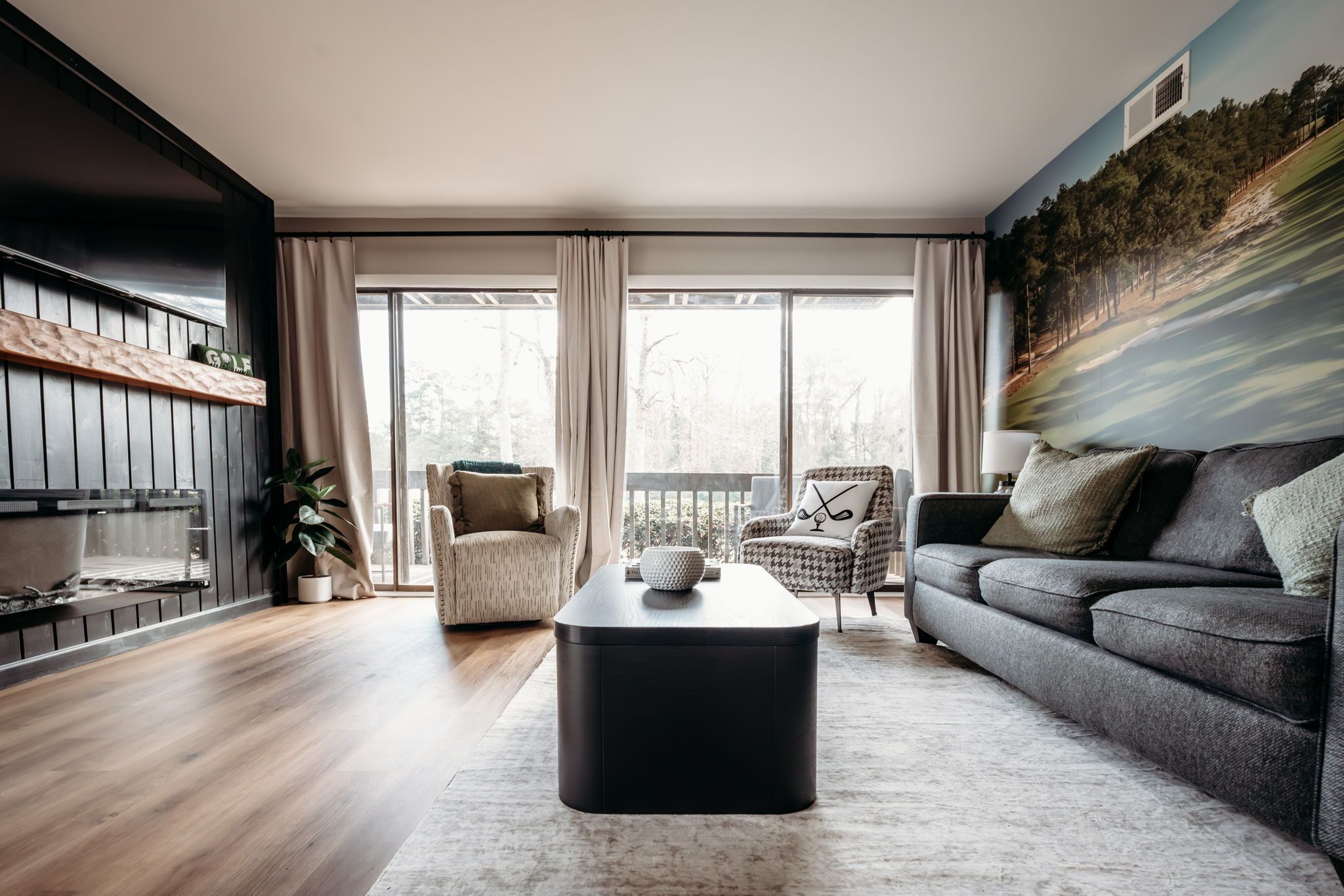 Smart TV, caminetto, libri, monitor per computer