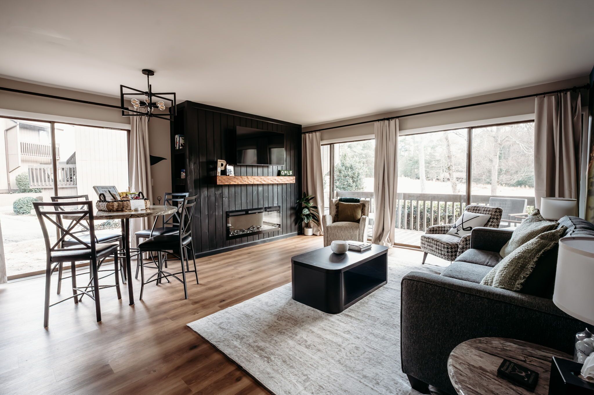 Smart TV, fireplace, books, computer monitors