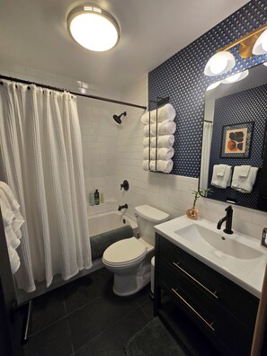 Hair dryer, towels, soap, toilet paper
