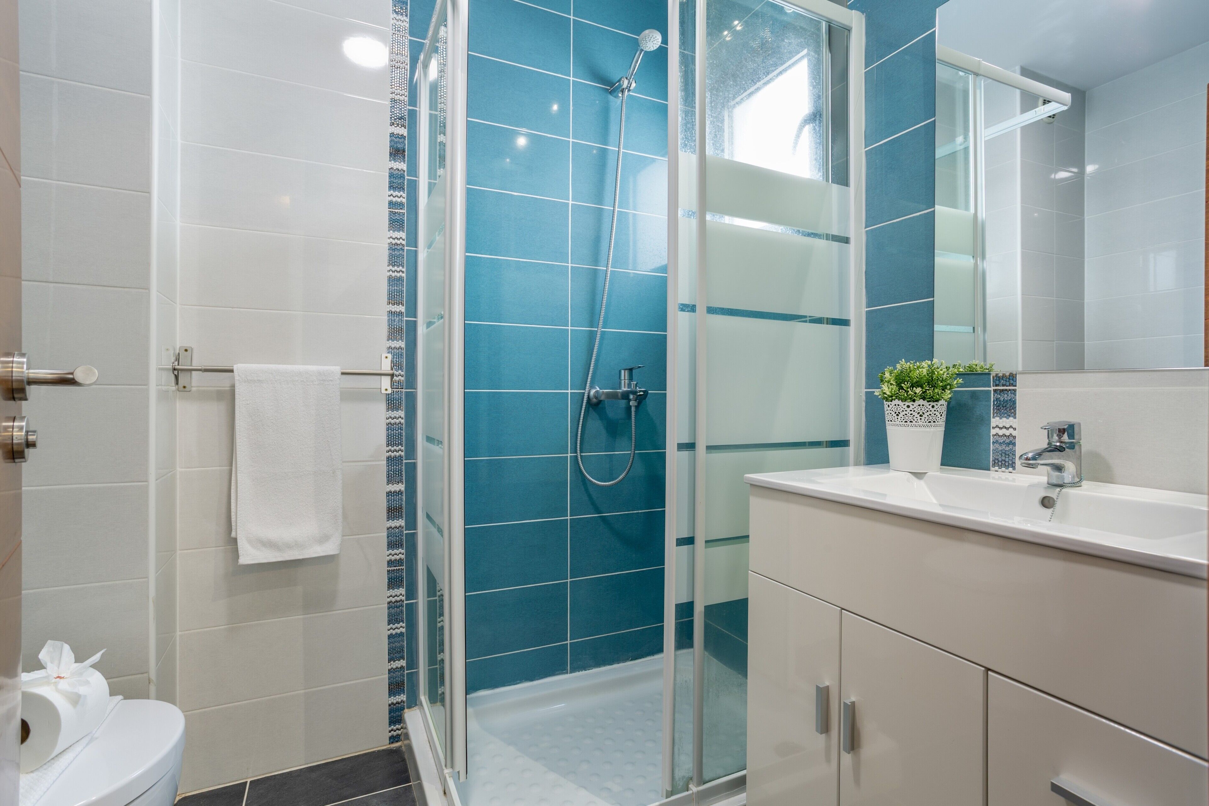 A modern bathroom with a glass shower enclosure, a white sink, and a mirror above it.