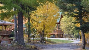 Une cabane en bois dotée d’un porche couvert, entourée d’arbres aux feuilles jaunes, ce qui indique que la scène se déroule en automne.