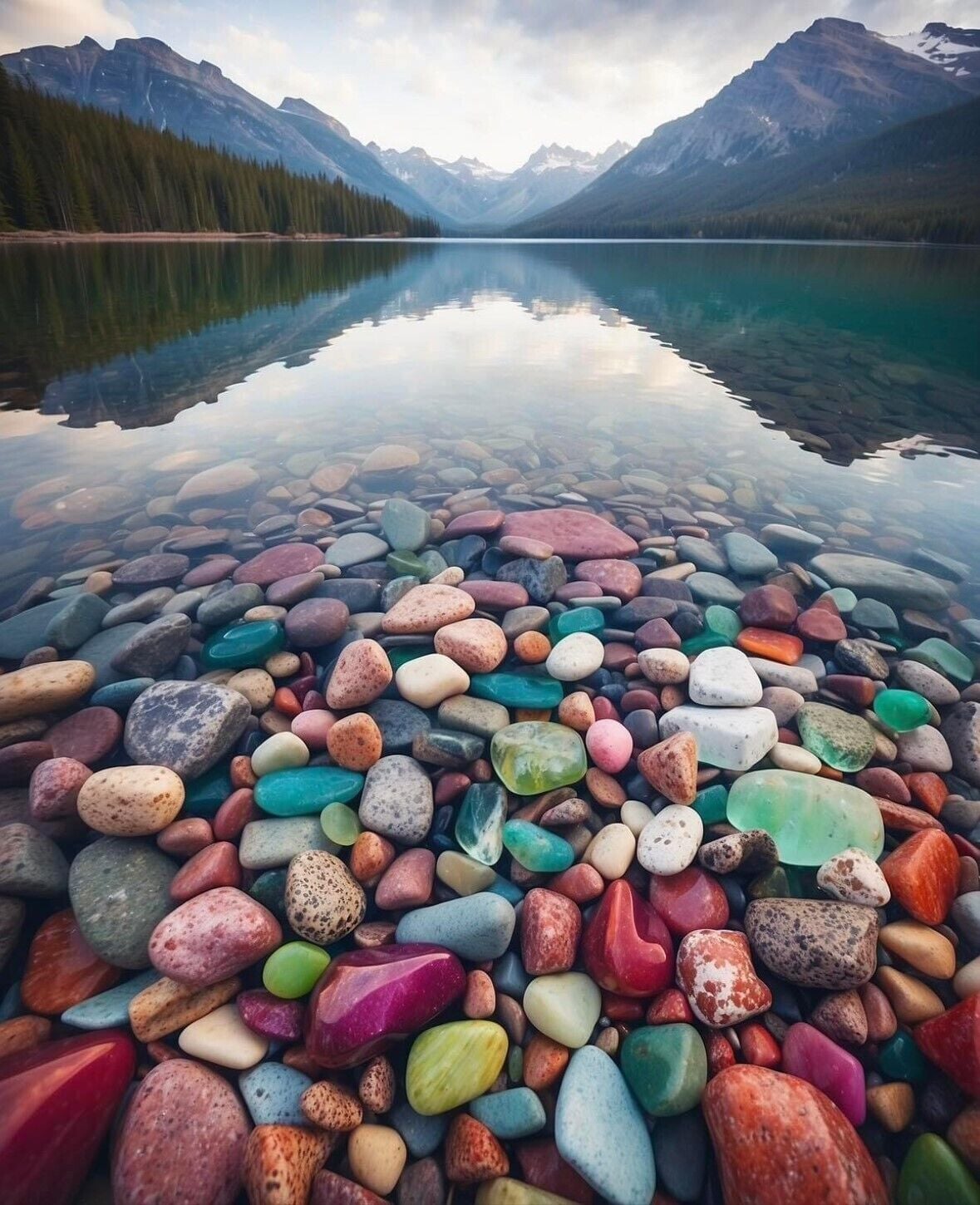 A lake with a rocky shore and mountains in the background.