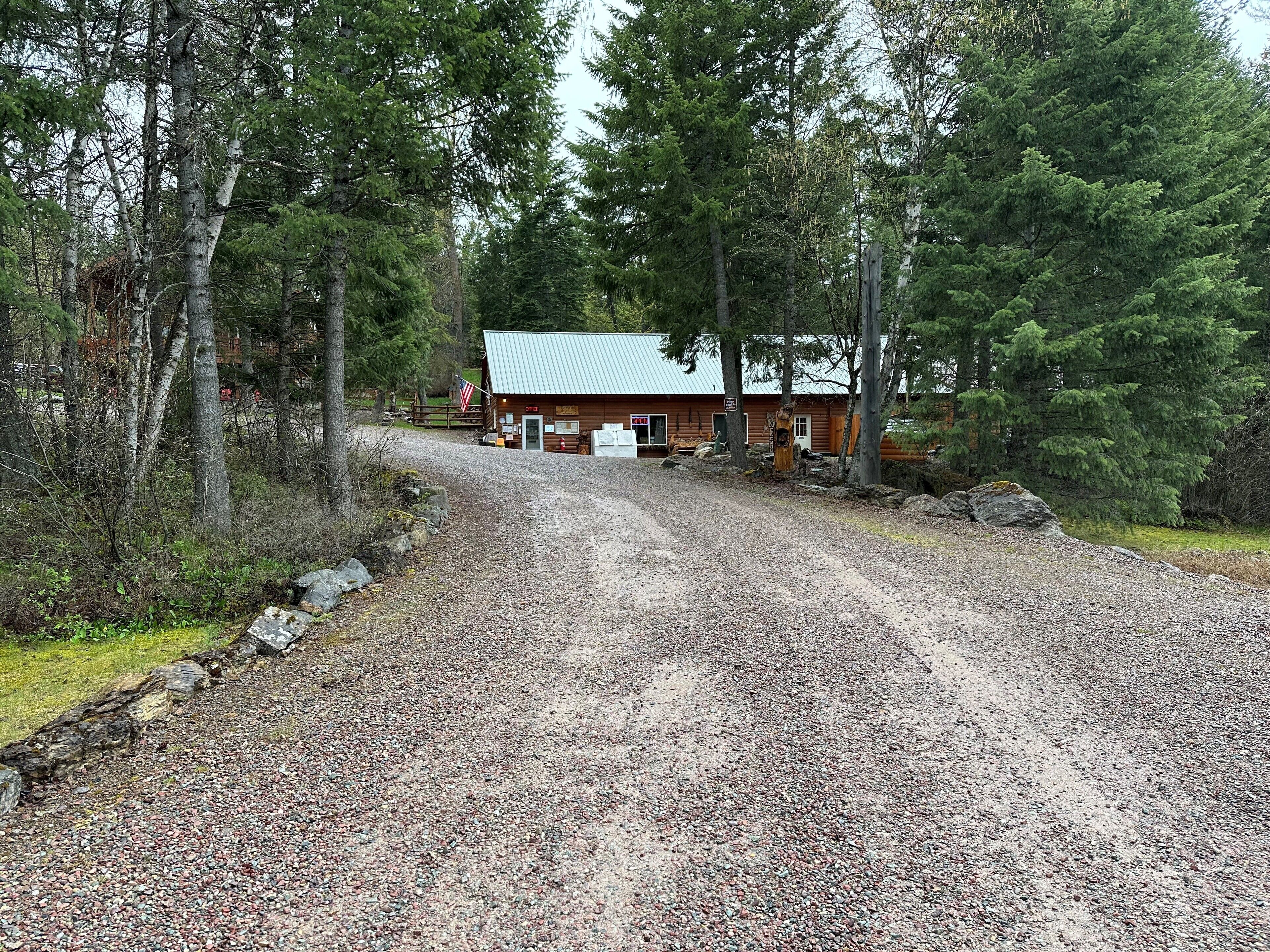 A rustic cabin with a gravel driveway, surrounded by dense forest.
