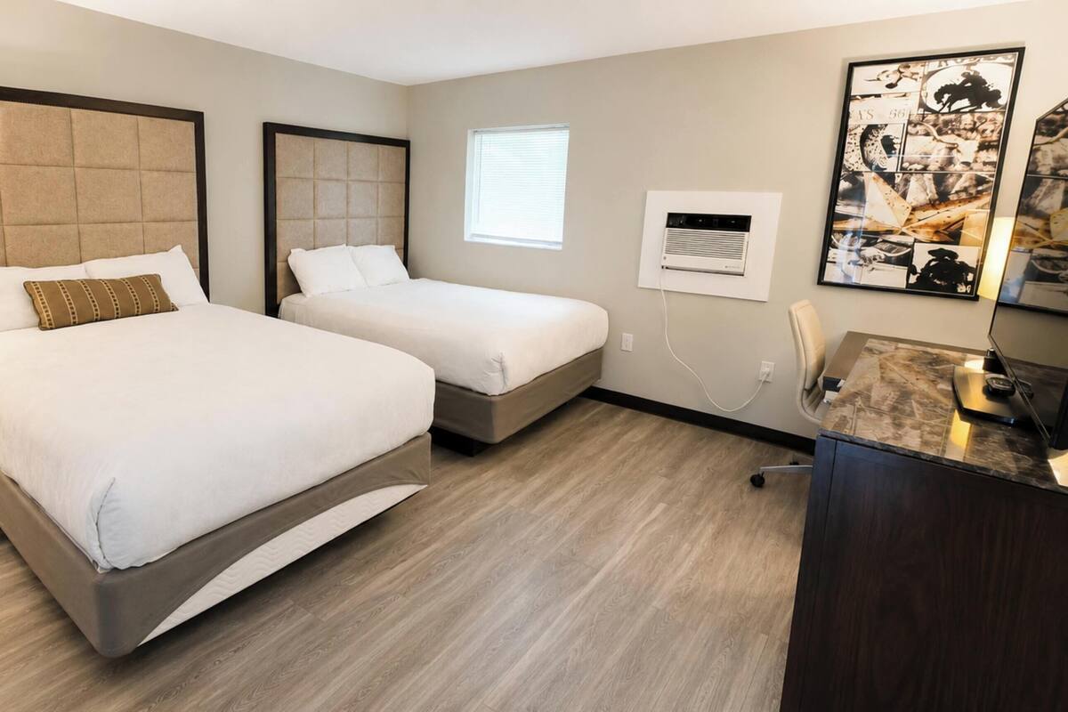 Room, 2 Queen Beds, Non Smoking | Desk, iron/ironing board (on request), WiFi (free), bed sheets