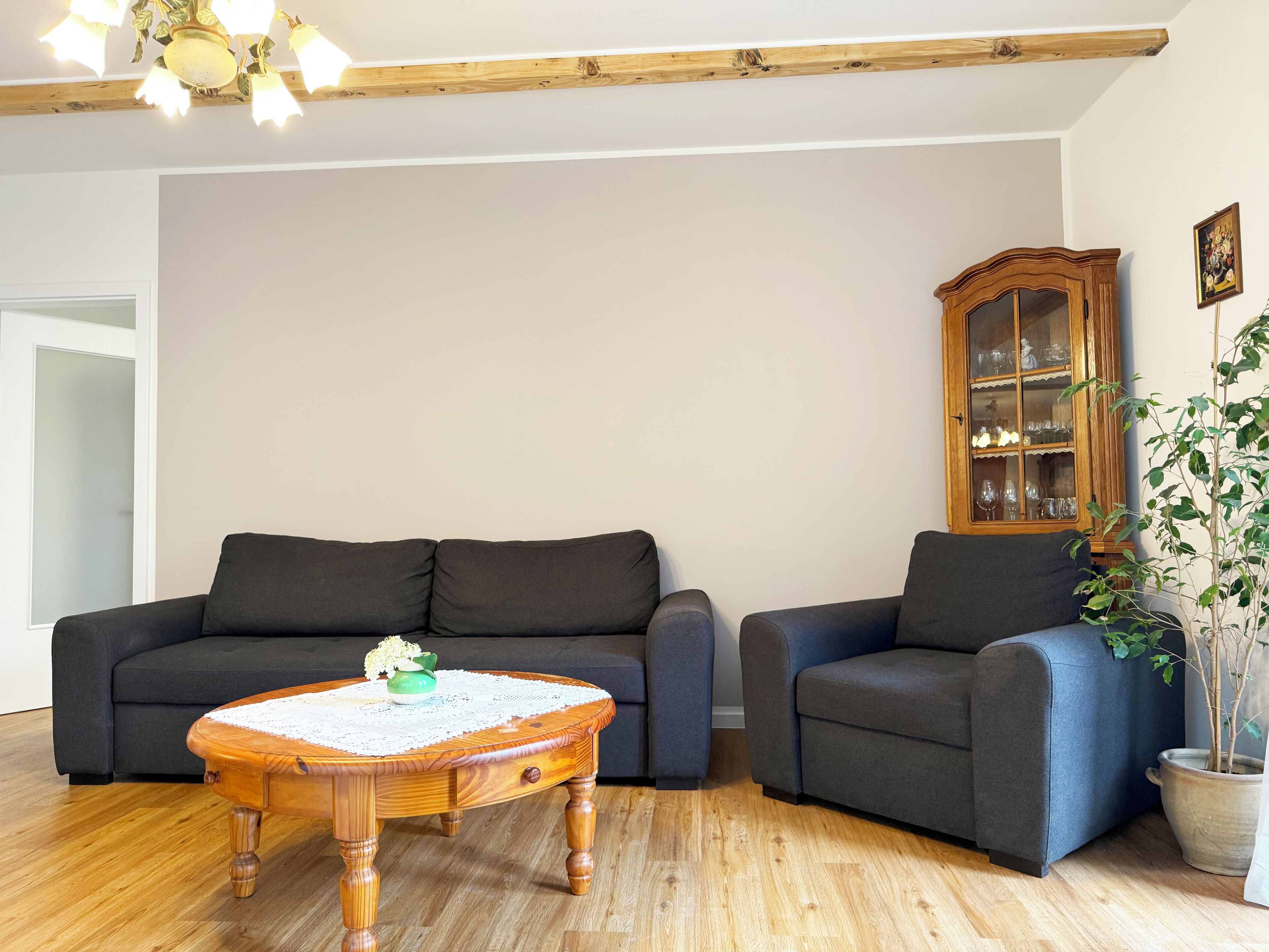 A living room with a wooden coffee table, two dark sofas, a wooden cabinet, and a potted plant.