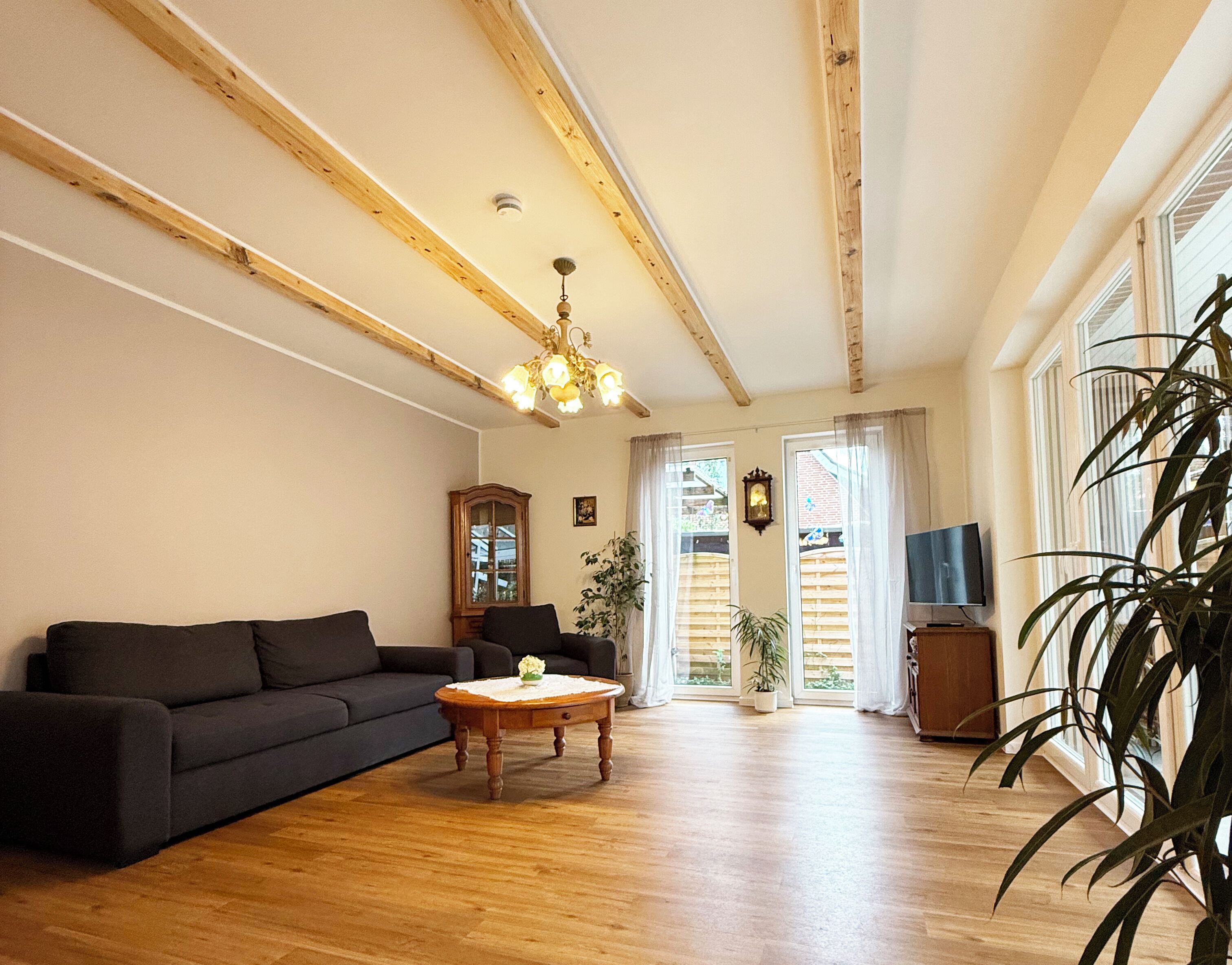 Ein Wohnzimmer mit einem dunklen Sofa, einem Holztisch und einer Kronleuchter. Es gibt ein TV-Möbelstück mit einem Flachbildfernseher und einer großen Topfpflanze.