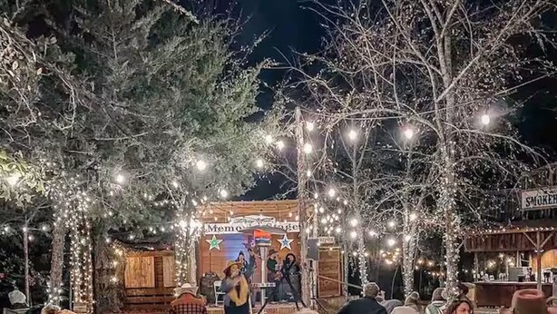 Un espace extérieur aménagé dans un style rustique, avec des chaises et des tables en bois, entouré d’arbres et illuminé de guirlandes lumineuses.