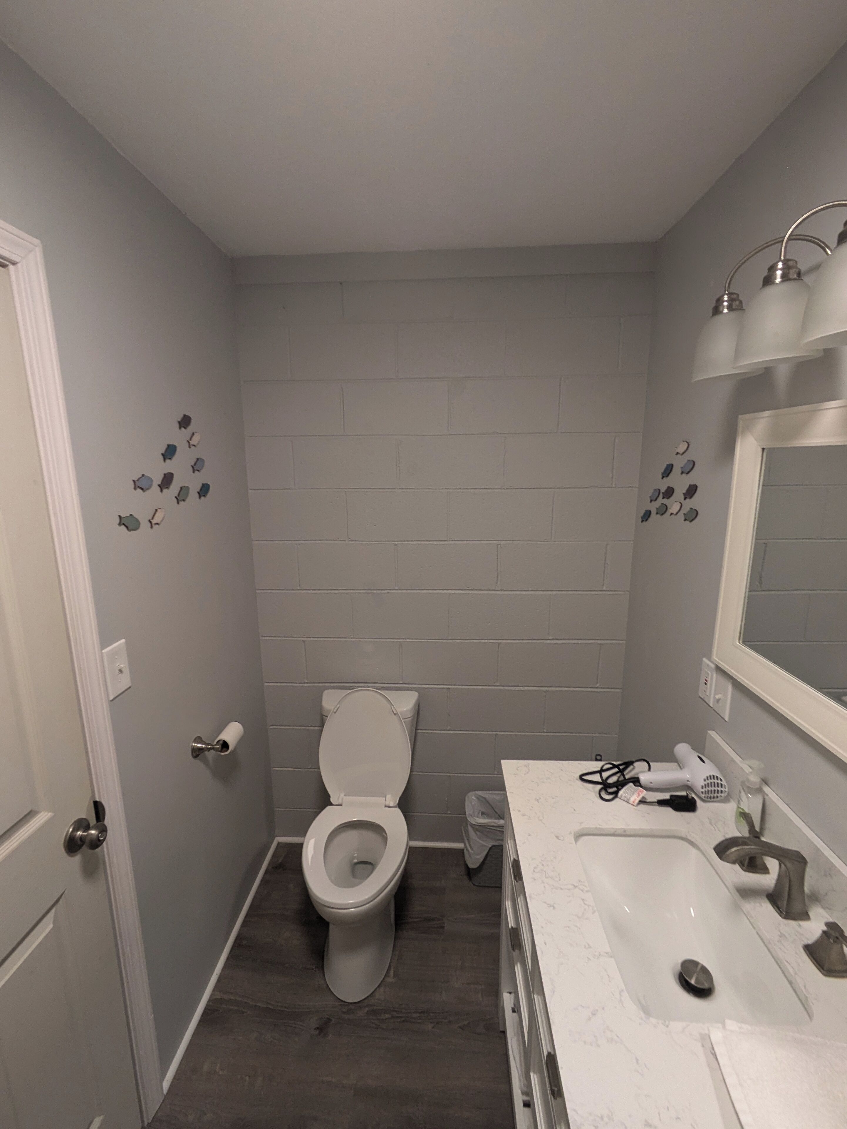 Hair dryer, towels, soap, toilet paper