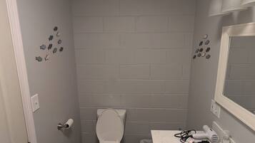 Hair dryer, towels, soap, toilet paper