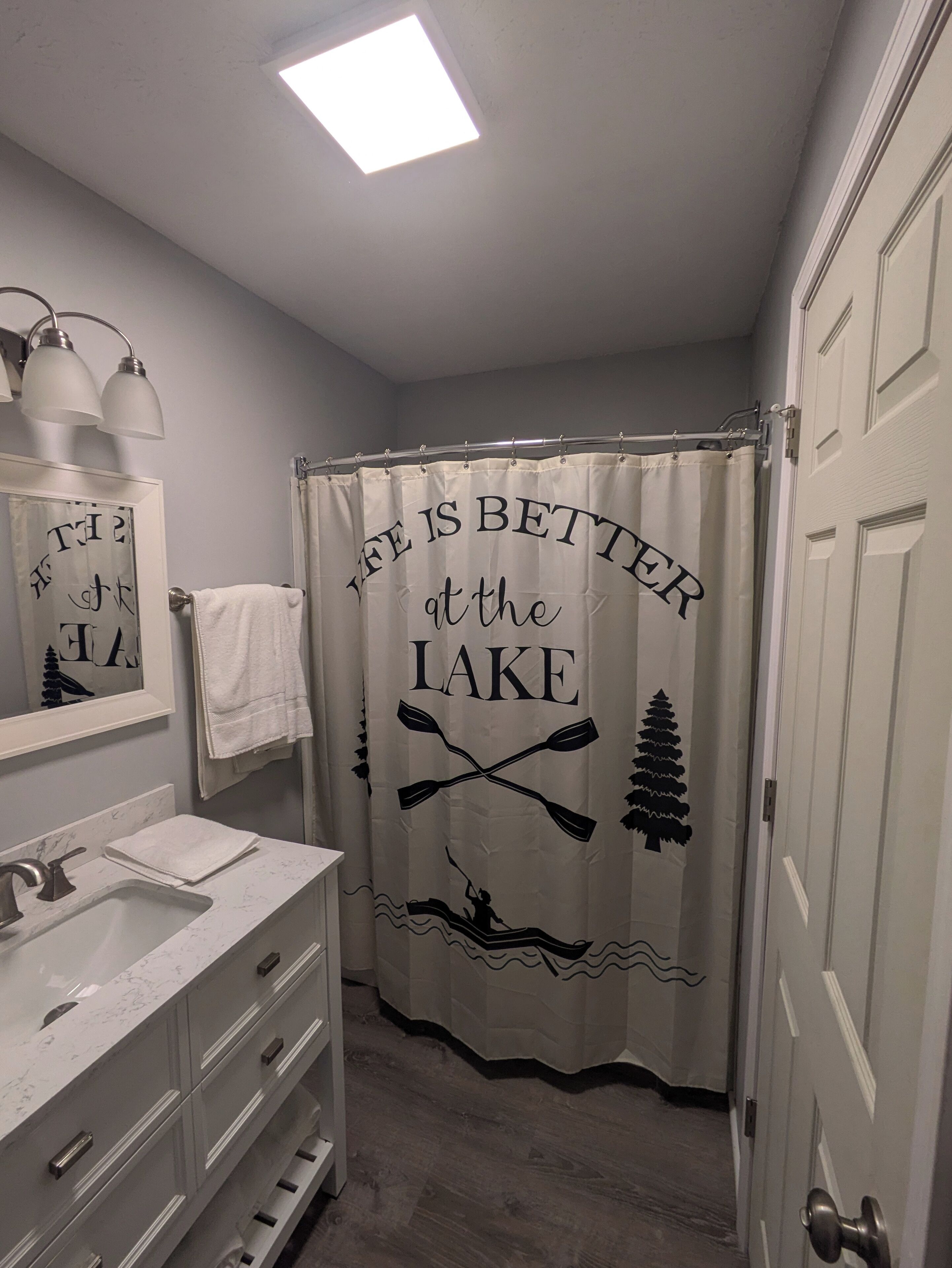 Hair dryer, towels, soap, toilet paper