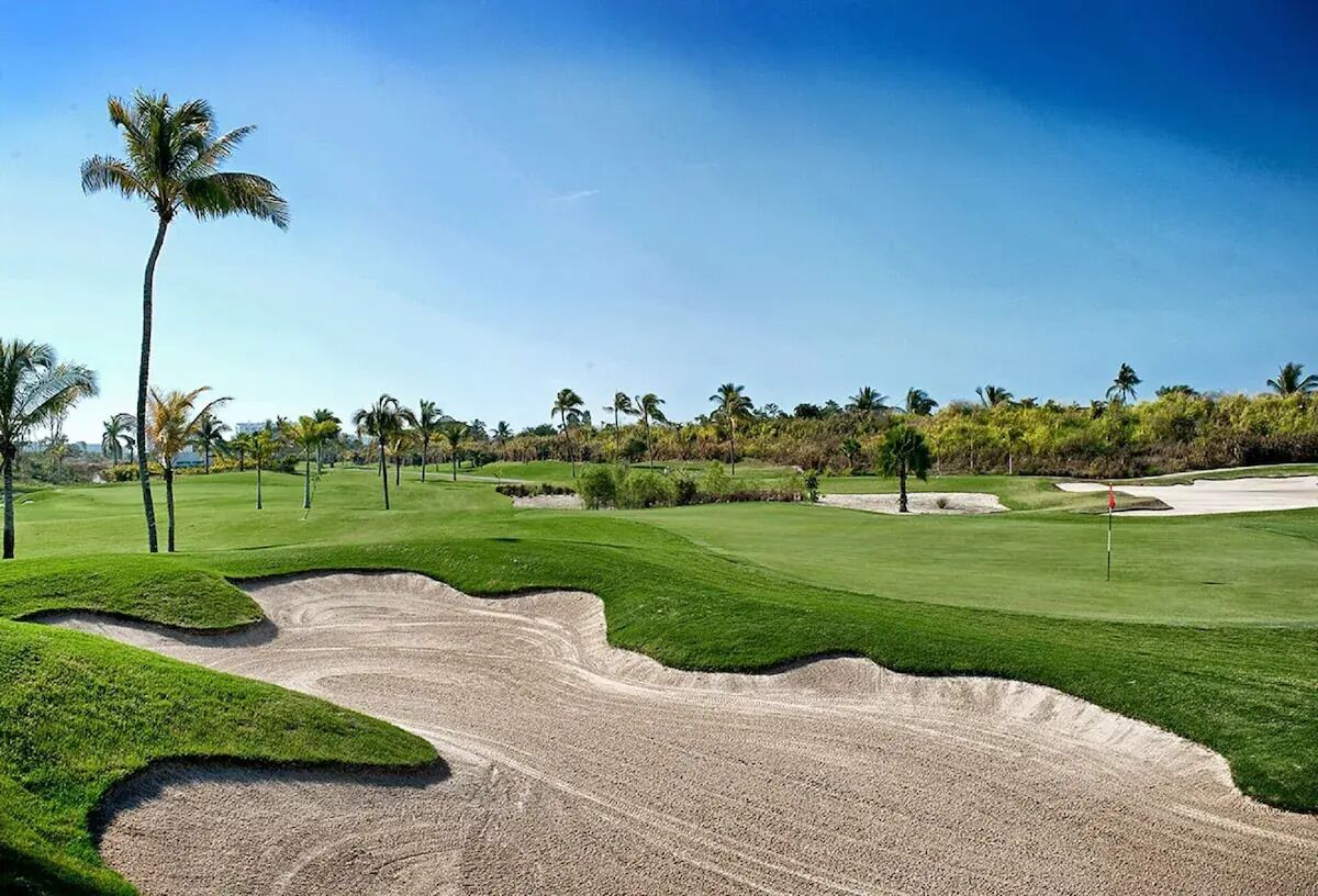 A golf course with sand bunkers, palm trees, and a clear blue sky.