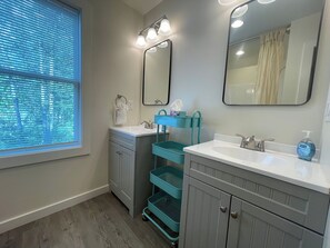 Hair dryer, towels, soap, toilet paper