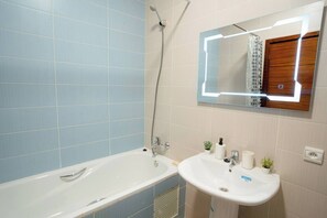 Hair dryer, towels, soap, toilet paper