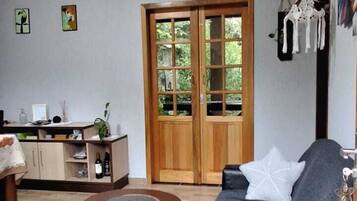 Smart TV, fireplace, books