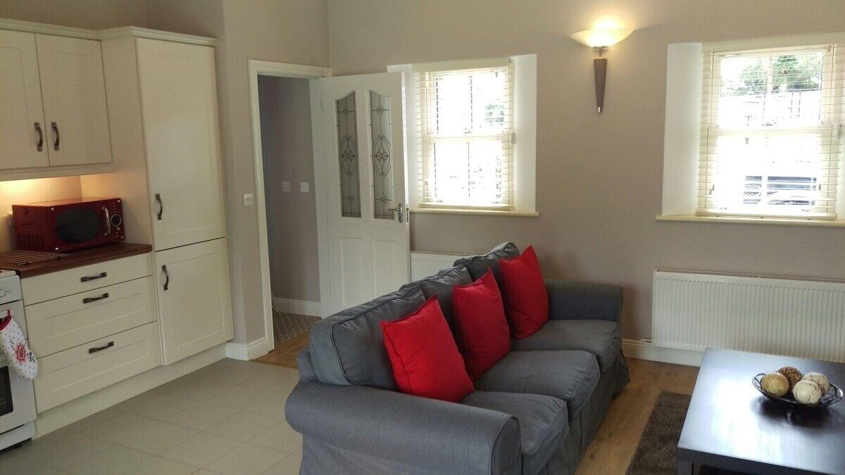 A compact living space with a kitchenette, grey sofa with red cushions, and a dining table with a bowl of fruit.