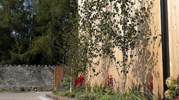Un camino pavimentado que conduce a un edificio con fachada de madera.